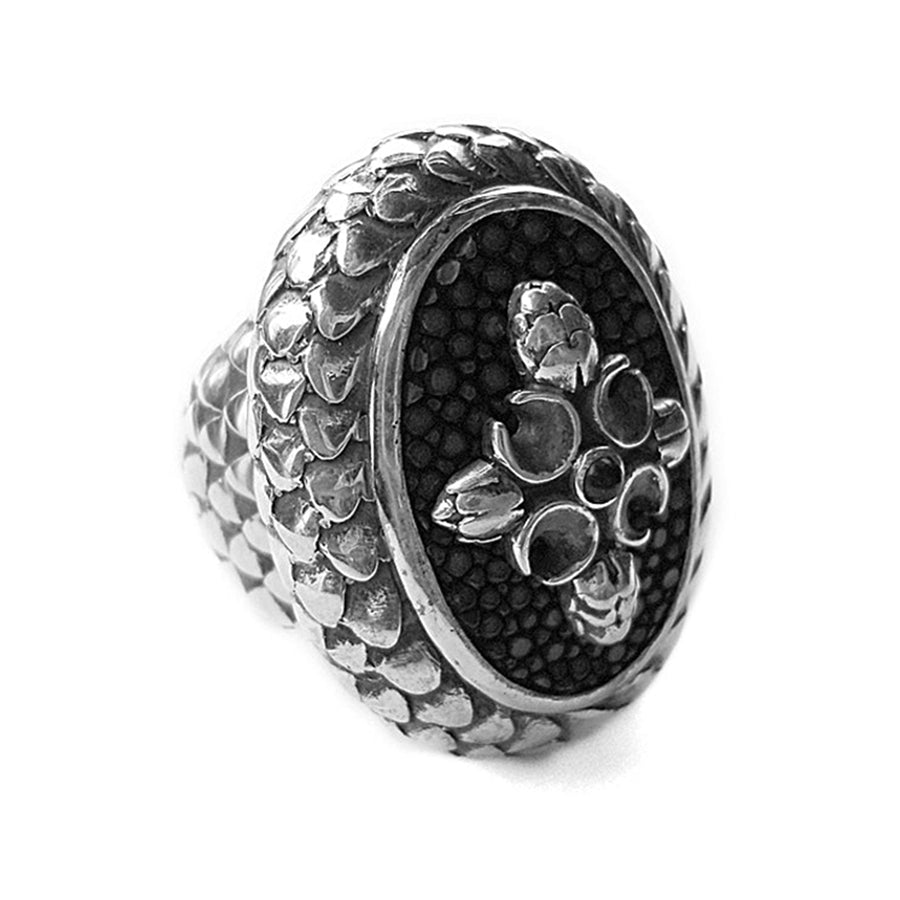 Elfcraft Ring Drachenschuppen-Optik Groß Rochenleder Schwarz Sterling Silber Massiv Seitlich