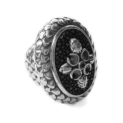 Elfcraft Ring Drachenschuppen-Optik Groß Rochenleder Schwarz Sterling Silber Massiv Seitlich