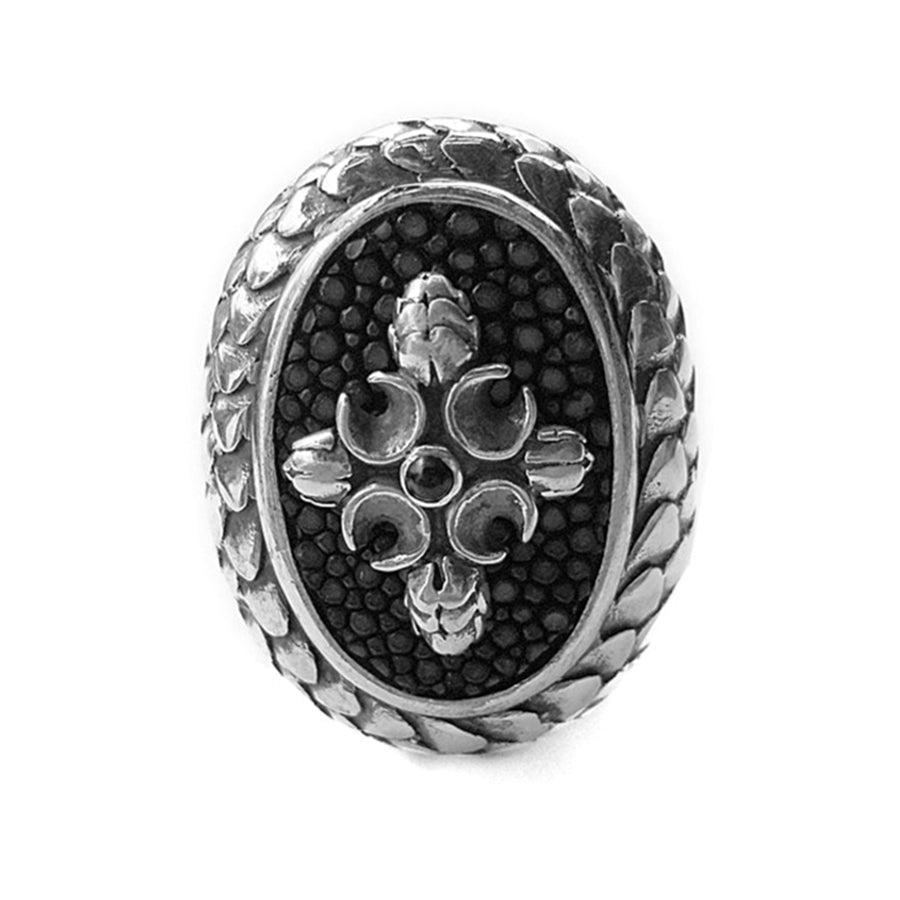 Elfcraft Ring Drachenschuppen-Optik Groß Rochenleder Schwarz Sterling Silber Massiv