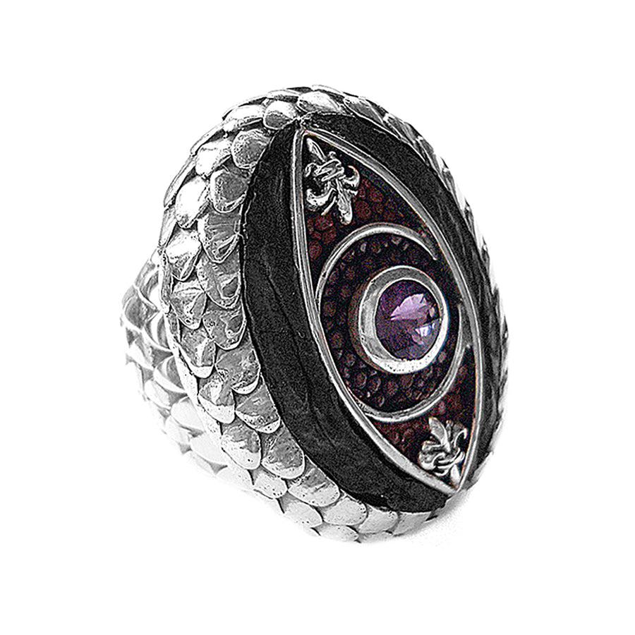 Elfcraft Ring Dragon's Eye Drachenschuppen-Optik Amethyst Rochenleder 925 Sterling Silber Massiv Seitlich