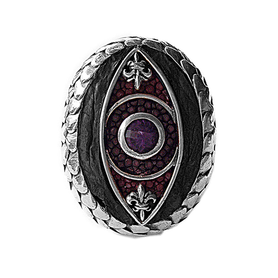 Elfcraft Ring Dragon's Eye Drachenschuppen-Optik Amethyst Rochenleder 925 Sterling Silber Massiv