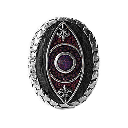 Elfcraft Ring Dragon's Eye Drachenschuppen-Optik Amethyst Rochenleder 925 Sterling Silber Massiv