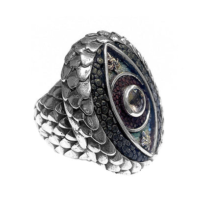 Elfcraft Ring Dragon's Eye Drachenschuppen-Optik Rauchquarz Rochenleder 925 Sterling Silber Massiv Seitlich