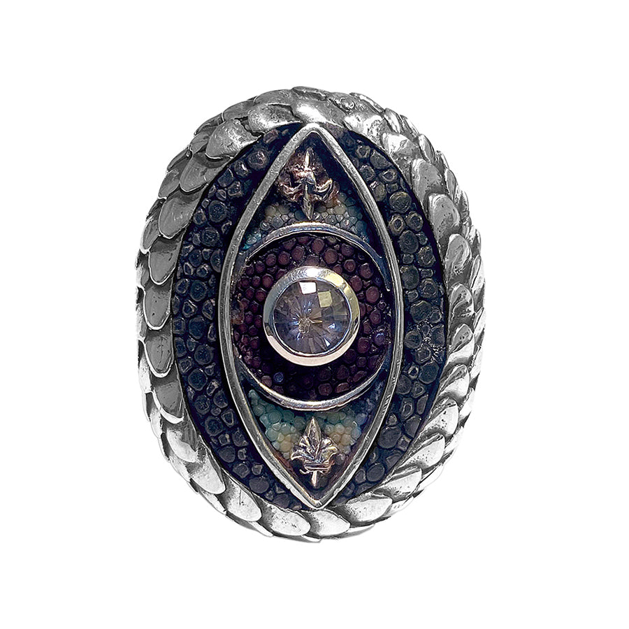 Elfcraft Ring Dragon's Eye Drachenschuppen-Optik Rauchquarz Rochenleder 925 Sterling Silber Massiv