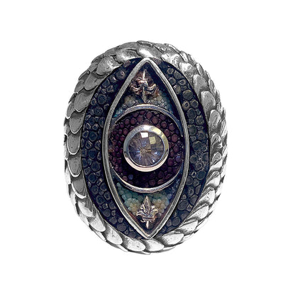 Elfcraft Ring Dragon's Eye Drachenschuppen-Optik Rauchquarz Rochenleder 925 Sterling Silber Massiv