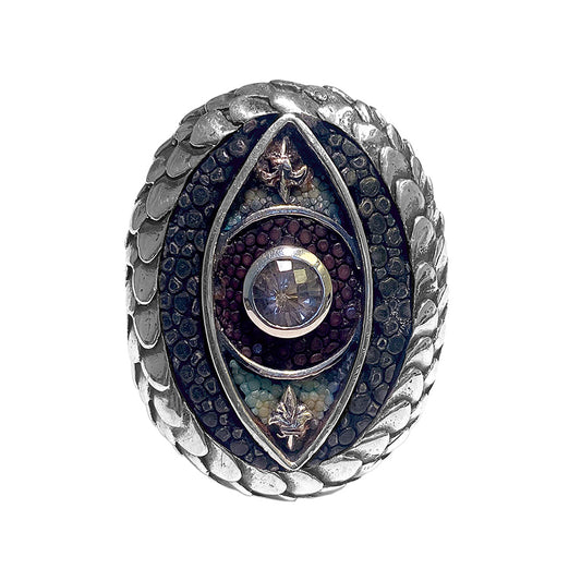 Elfcraft Ring Dragon's Eye Drachenschuppen-Optik Rauchquarz Rochenleder 925 Sterling Silber Massiv