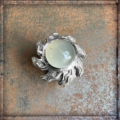 Elfcraft Ring Elfin Spiral Flamed Sun Sonnen-Motiv Mondstein Cabochon Sterling Silber Massiv Unikat