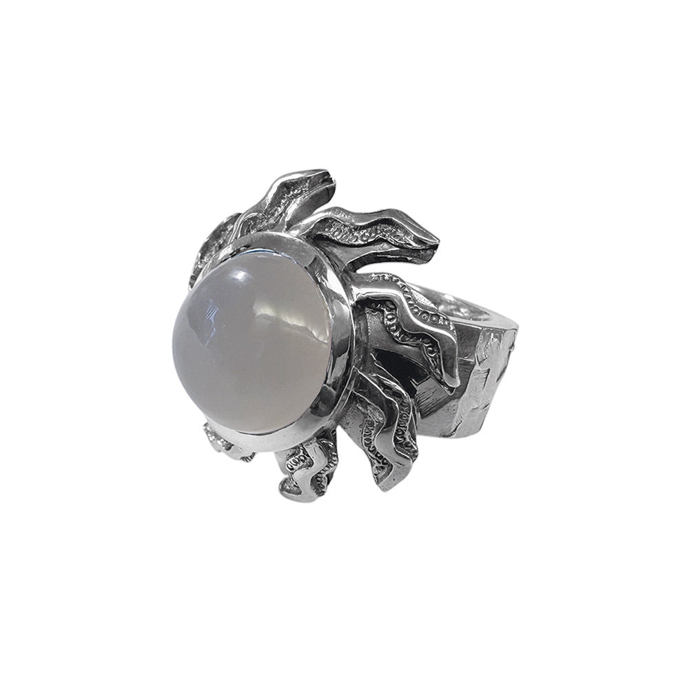 Elfcraft Ring Elfin Spiral Flamed Sun Sonnen-Motiv Mondstein Cabochon 925 Silber Massiv Rock Style Unikat