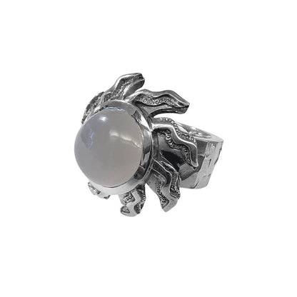 Elfcraft Ring Elfin Spiral Flamed Sun Sonnen-Motiv Mondstein Cabochon 925 Silber Massiv Rock Style Unikat