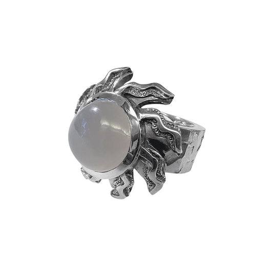 Elfcraft Ring Elfin Spiral Flamed Sun Sonnen-Motiv Mondstein Cabochon 925 Silber Massiv Rock Style Unikat