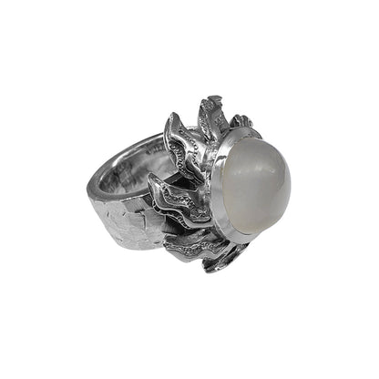 Elfcraft Ring Elfin Spiral Flamed Sun Sonnen-Motiv Mondstein Cabochon 925 Sterling Silber Massiv Rock Style Unikat