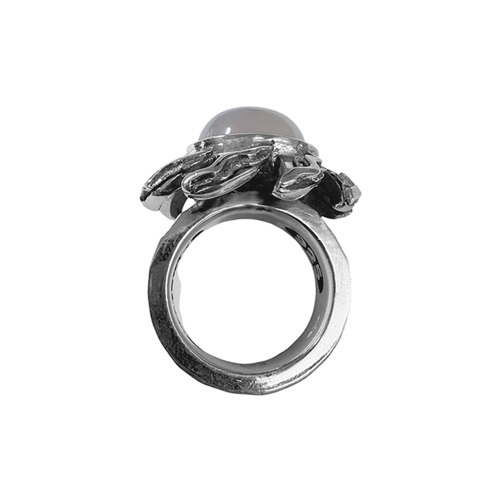 Elfcraft Ring Elfin Spiral Flamed Sun Sonnen-Motiv Mondstein Cabochon 925 Sterling Silber Massiv Unikat