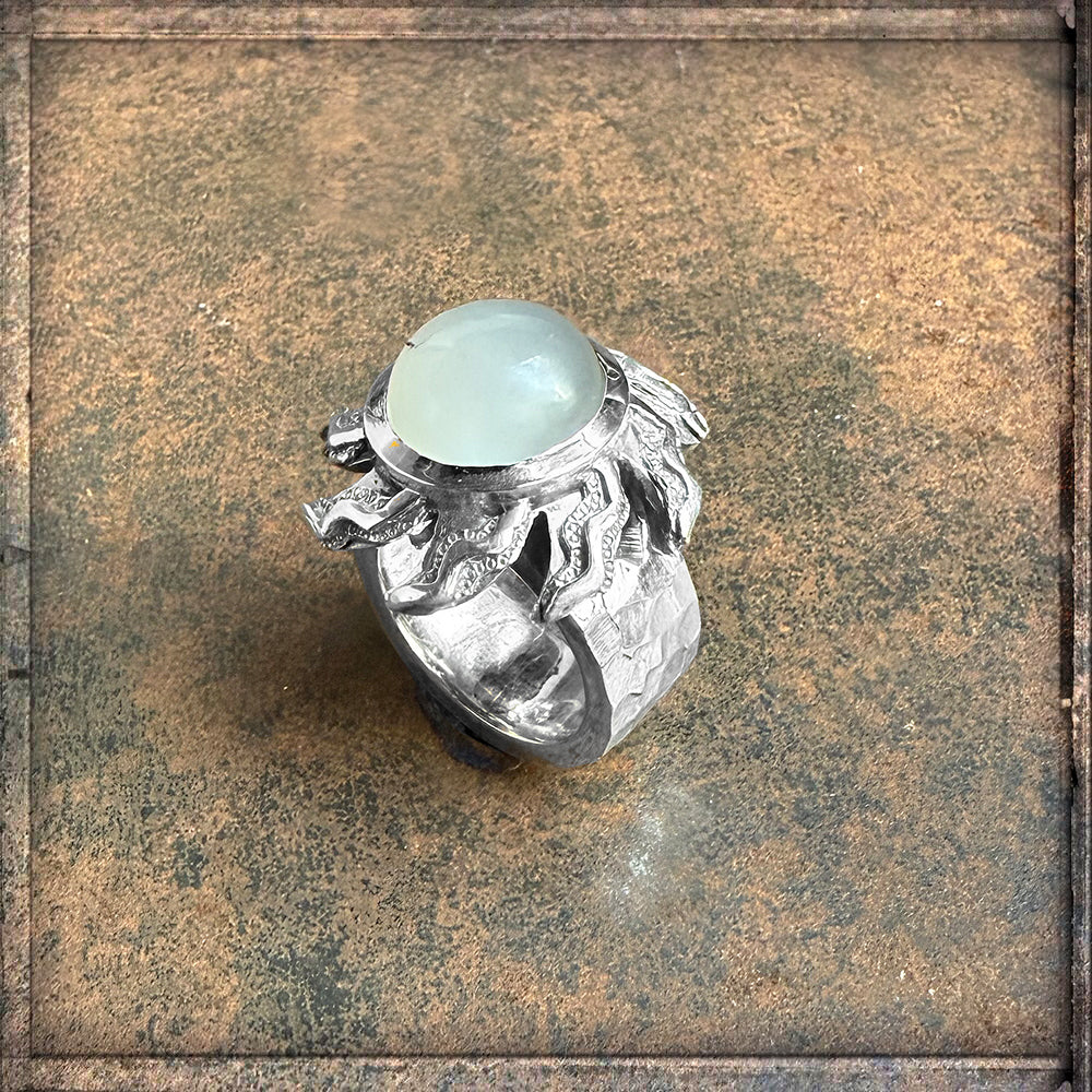 Elfcraft Ring Elfin Spiral Flamed Sun Sonnen-Motiv Mondstein Cabochon 925 Silber Massiv Unikat