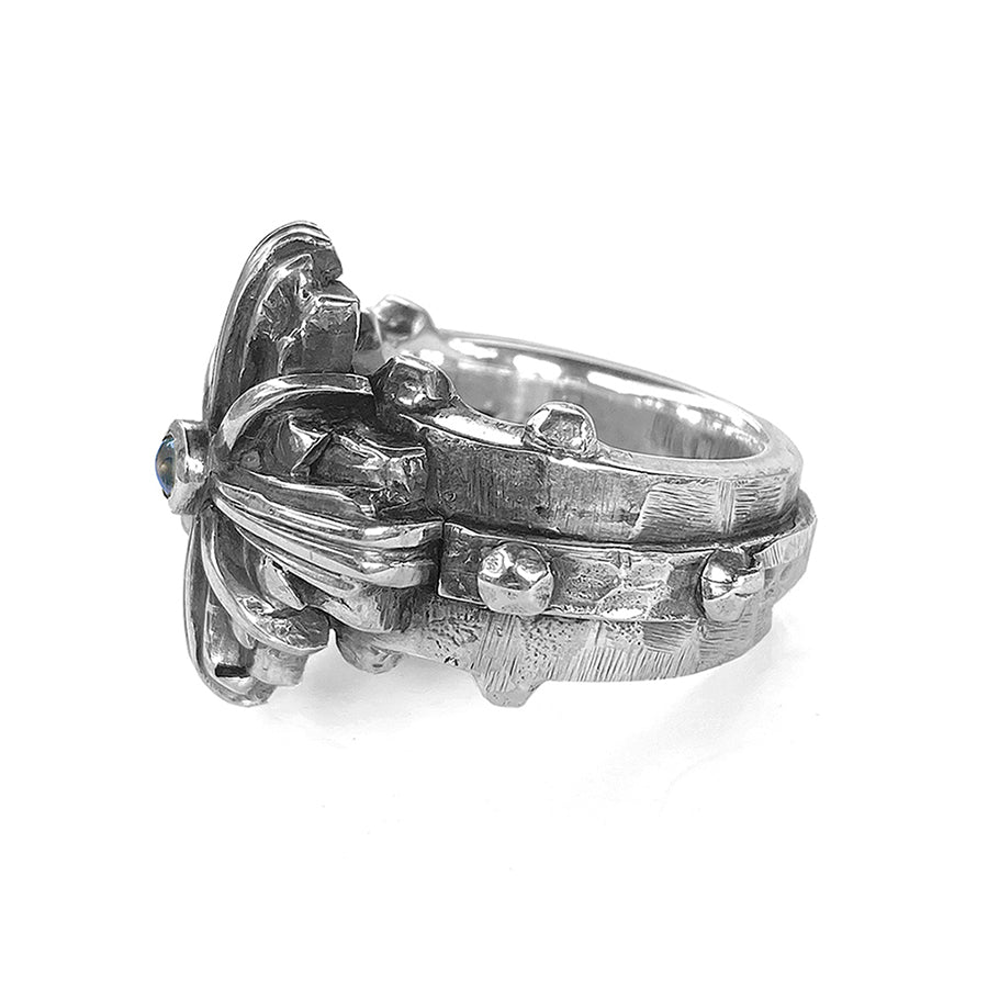 Elfcraft Ring Greek Cross Kreuz-Motiv Morning Star Mondstein 925 Sterling Silber Massiv Unisex Seitlich