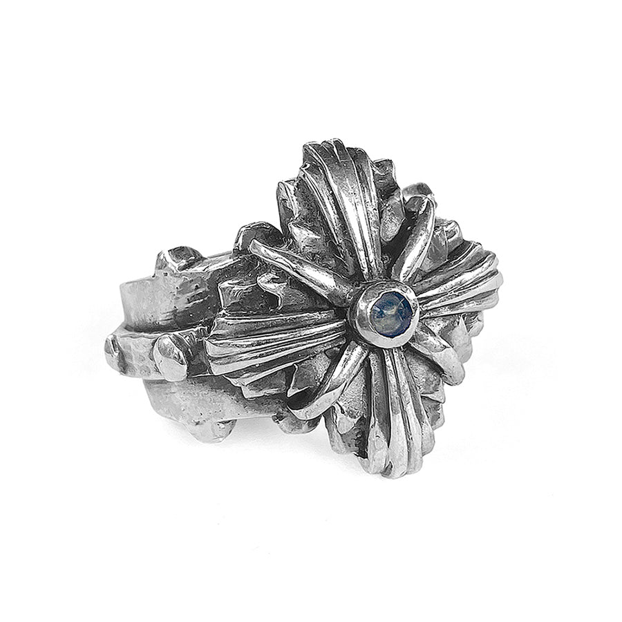 Elfcraft Ring Greek Cross Kreuz-Motiv Morning Star Mondstein Cabochon 925 Sterling Silber Massiv Unisex