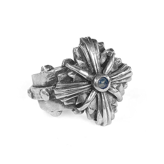 Elfcraft Ring Greek Cross Kreuz-Motiv Morning Star Mondstein Cabochon 925 Sterling Silber Massiv Unisex