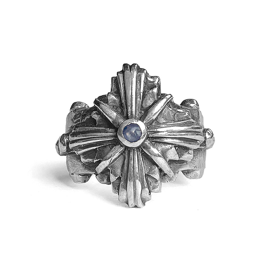Elfcraft Ring Greek Cross Kreuz-Motiv Morning Star Mondstein 925 Sterling Silber Massiv Unisex