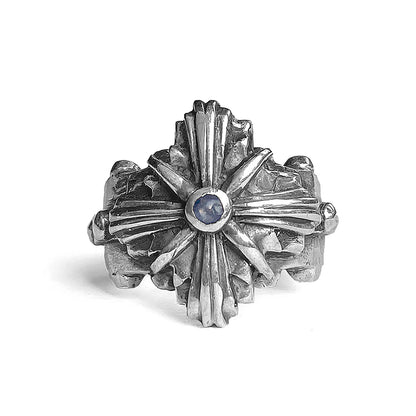 Elfcraft Ring Greek Cross Kreuz-Motiv Morning Star Mondstein 925 Sterling Silber Massiv Unisex