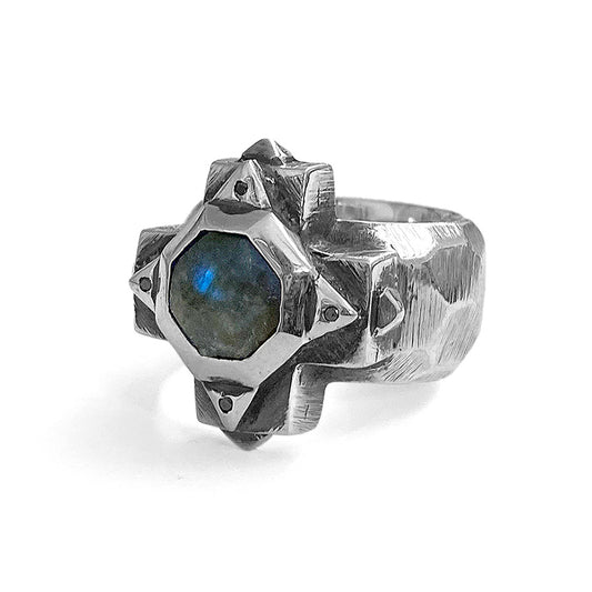 Elfcraft Ring Greek Cross Octagon Kreuz Labradorit Schwarze Diamanten 925 Sterling Silber Gehämmert Massiv Unisex