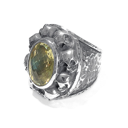 Elfcraft Ring Groß Lemon Citrin Facettiert Skulls Totenköpfe 925 Sterling Silber Massiv