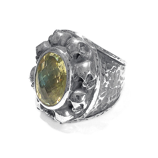 Elfcraft Ring Groß Lemon Citrin Facettiert Skulls Totenköpfe 925 Sterling Silber Massiv