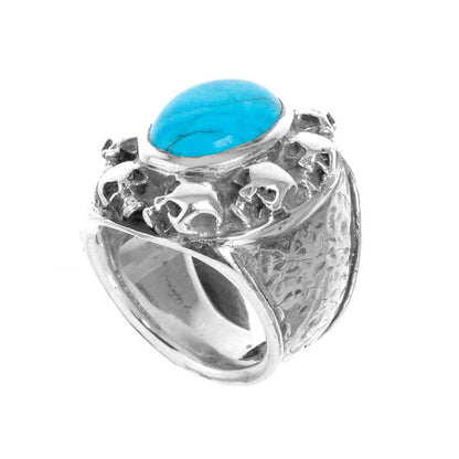 Elfcraft Ring Groß Türkis Cabochon Skulls Totenköpfe 925 Sterling Silber Massiv
