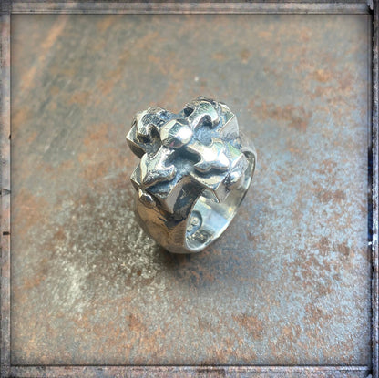 Elfcraft Ring Greek Blades Cross Kreuz 925 Silber Gehämmert Massiv Unisex