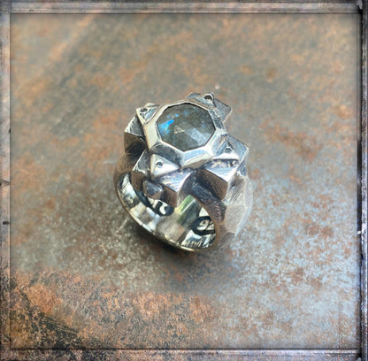 Elfcraft Ring Greek Cross Octagon Kreuz Labradorit Schwarze Diamanten Sterling Silber Gehämmert Massiv Unisex