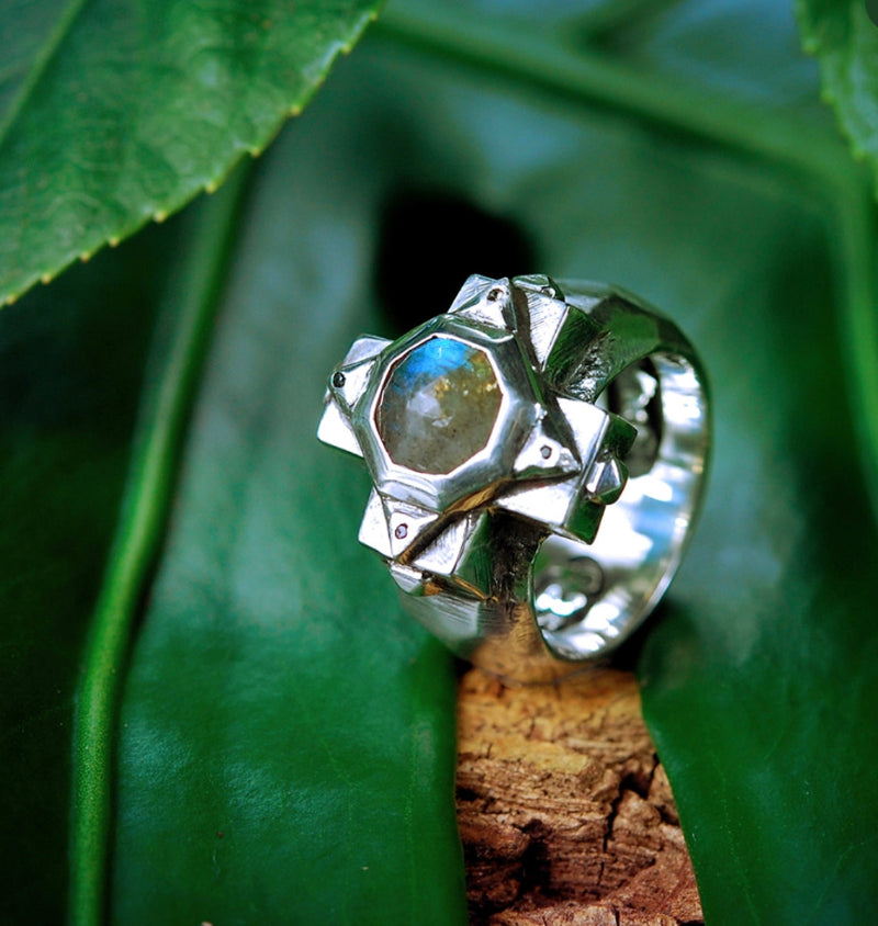 Elfcraft Ring Greek Cross Kreuz Labradorit Schwarze Diamanten 925 Sterling Silber Gehämmert Massiv Unisex