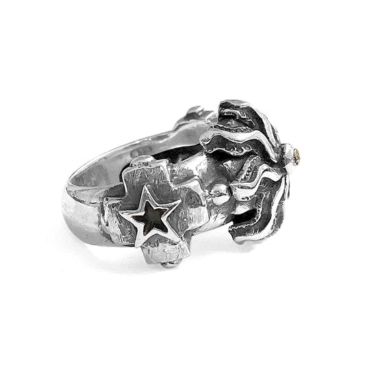 Elfcraft Ring Kreuz Sonne Mond Stern Echter Meteorit 925 Sterling Silber Massiv Unisex