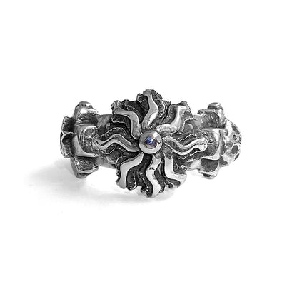 Elfcraft Ring Kreuz Sonne Mond Stern Echter Meteorit 925 Silber Massiv Unisex
