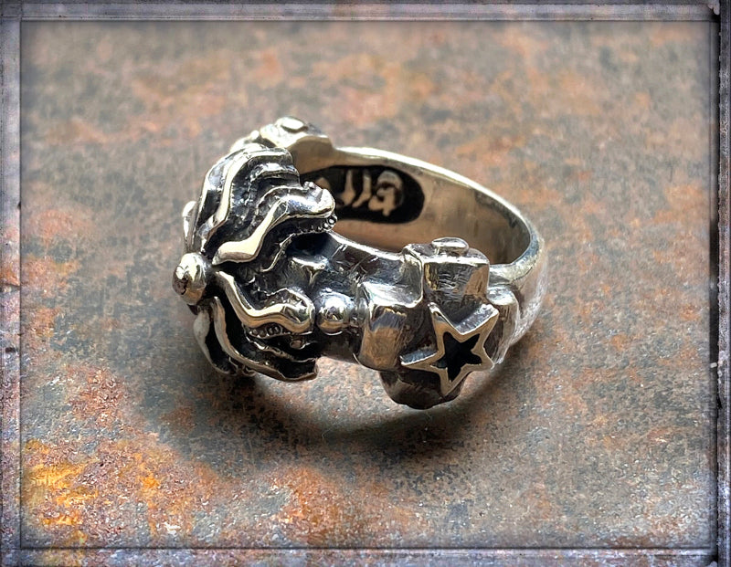 Elfcraft Ring Kreuz Sonne Mond Stern Echter Meteorit Sterling Silber Massiv Unisex