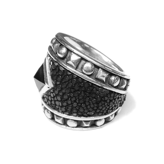 Elfcraft Ring 925 Sterling Silber Rochenleder Zirkonia Schwarz Unisex
