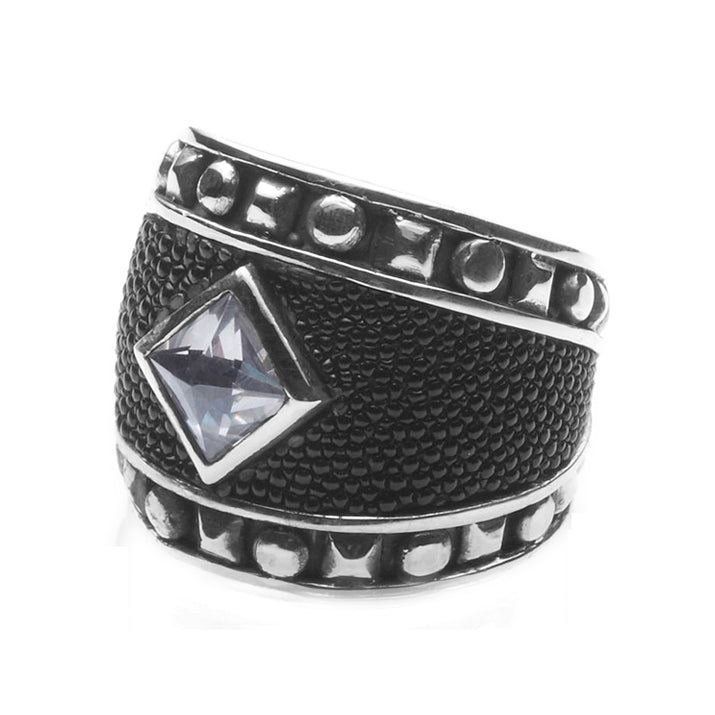 Elfcraft Ring 925 Sterling Silber Rochenleder Schwarz Zirkonia Weiß Unisex