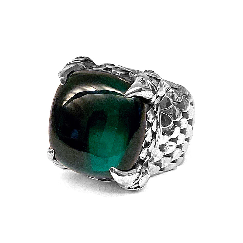 Elfcraft Ring Zirkonia Grün Cabochon Krappenfassung Drachenschuppen-Optik 925 Silber Massiv