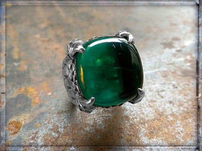 Elfcraft Ring Zirkonia Grün Krappenfassung Drachenschuppen-Optik 925 Sterling Silber Massiv