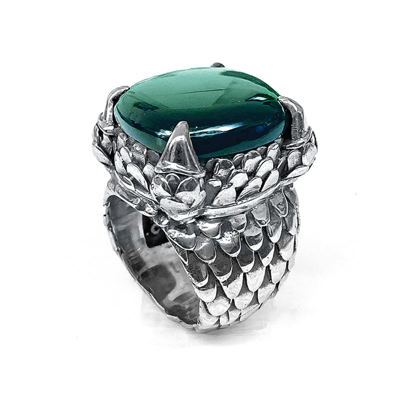 Elfcraft Ring Zirkonia Grün Cabochon Krappenfassung Drachenschuppen-Optik 925 Sterling Silber Massiv