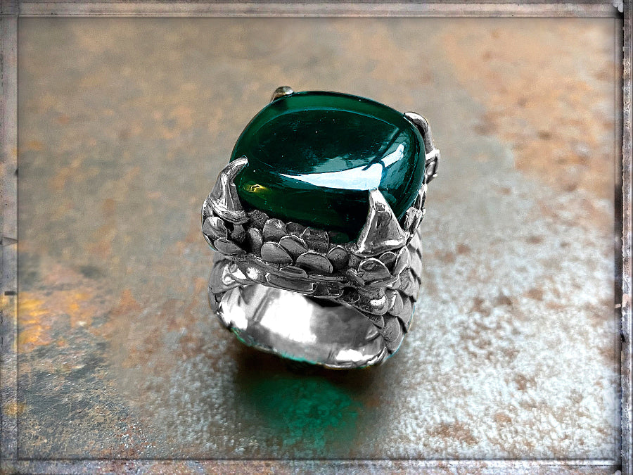 Elfcraft Ring Zirkonia Grün Cabochon Drachenschuppen-Optik 925 Sterling Silber Massiv
