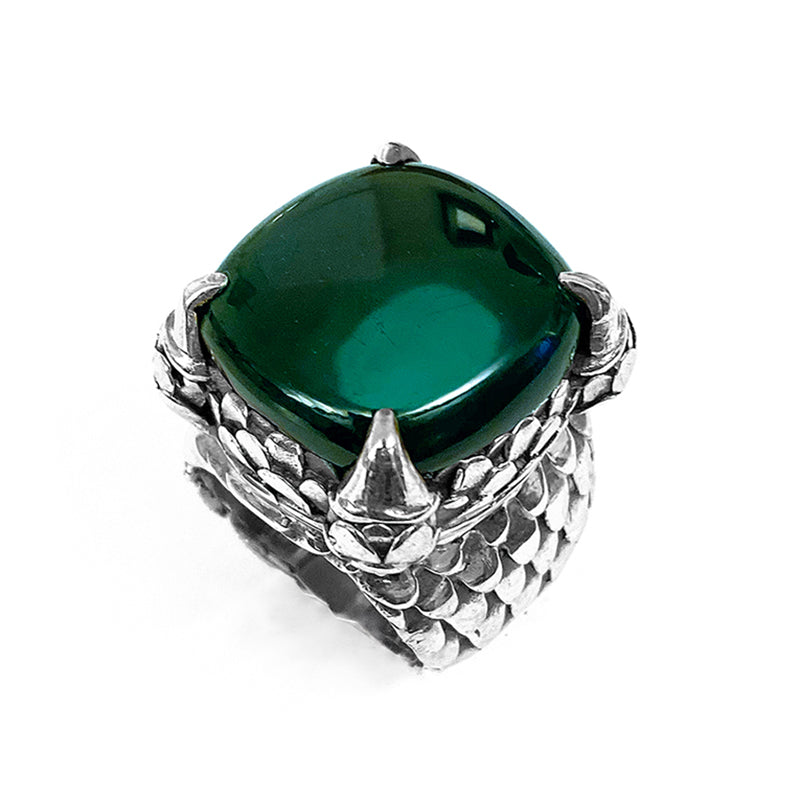Elfcraft Ring Zirkonia Grün Cabochon Krappenfassung Drachenschuppen-Optik Sterling Silber Massiv