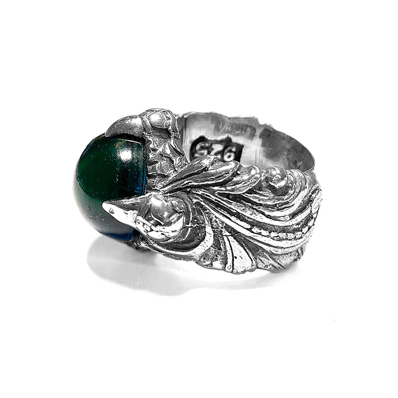 lfcraft Ring Grüner Zirkonia Cabochon Dragon-Claw Krappenfassung Magic-Plant Ringschiene 925 Sterling Silber Massiv Seitlich