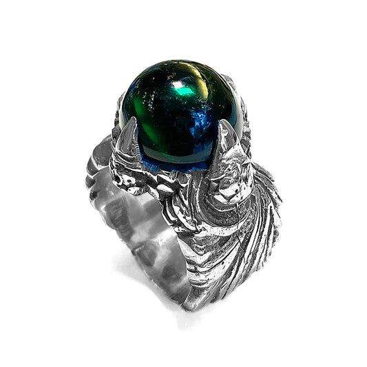 lfcraft Ring Grüner Zirkonia Cabochon Dragon-Claw Krappenfassung Magic-Plant Ringschiene 925 Sterling Silber Massiv