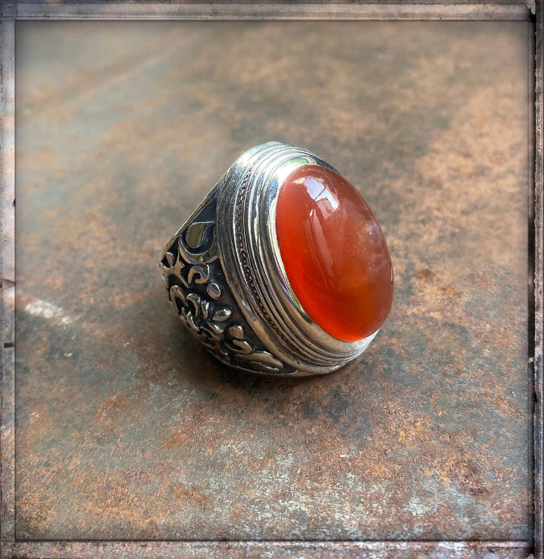 Elfcraft Statement Ring Carneol Cabochon Florale Ornamente 925 Sterling Silber Massiv Unisex