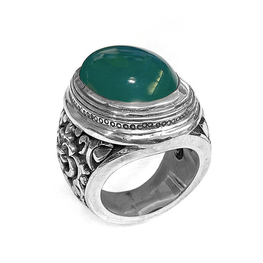 Elfcraft Statement Ring Chalcedon Grün Cabochon Florale Ornamente 925 Sterling Silber Massiv