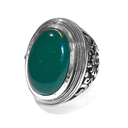 Elfcraft Statement Ring Chalcedon Grün Cabochon Florale Ornamente 925 Sterling Silber Massiv Seitlich