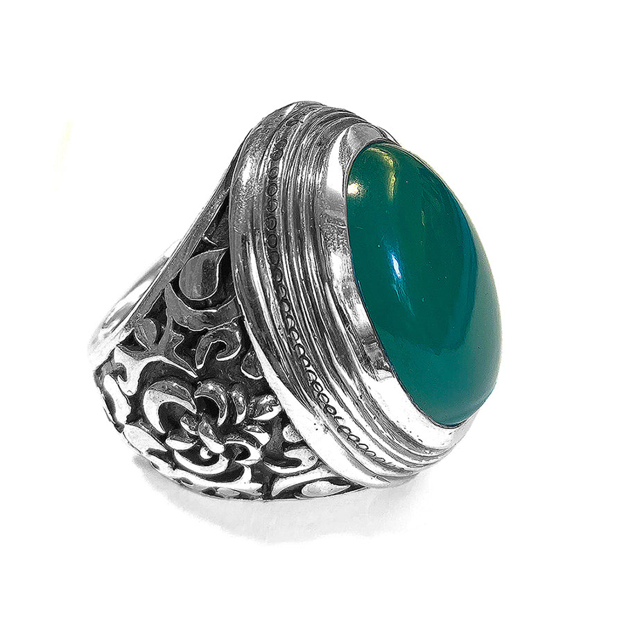 Elfcraft Statement Ring Chalcedon Grün Cabochon Florale Ornamente Sterling Silber Massiv Seitlich