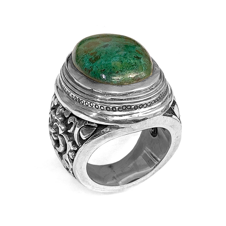 Elfcraft Statement Ring Chrysokoll Grün Cabochon Florale Ornamente 925 Sterling Silber Massiv