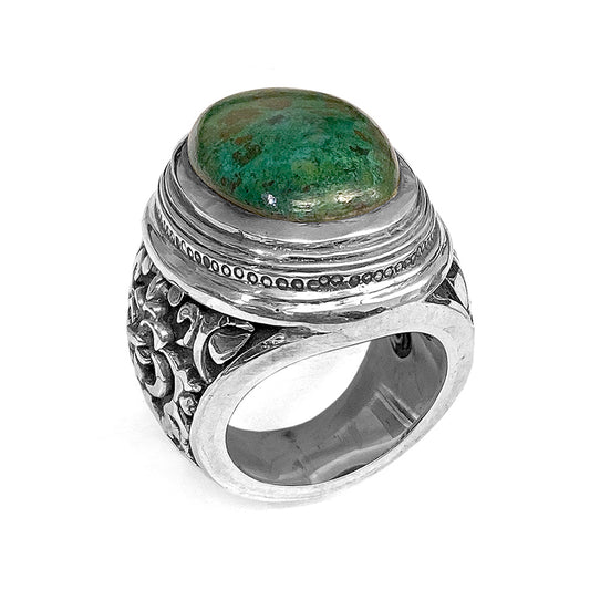 Elfcraft Statement Ring Chrysokoll Grün Cabochon Florale Ornamente 925 Sterling Silber Massiv
