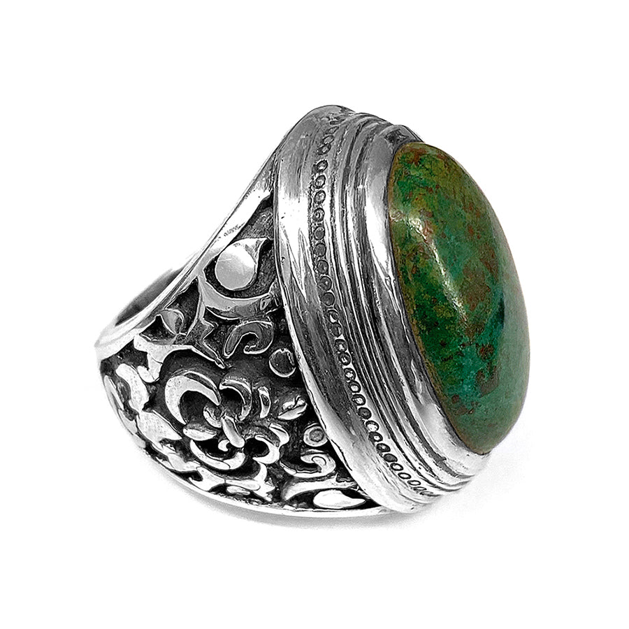 Elfcraft Statement Ring Chrysokoll Grün Cabochon Florale Ornamente 925 Sterling Silber Massiv Seitlich