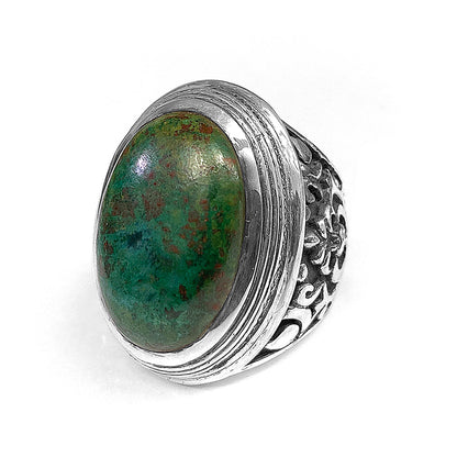 Elfcraft Statement Ring Chrysokoll Cabochon Florale Ornamente 925 Sterling Silber Massiv