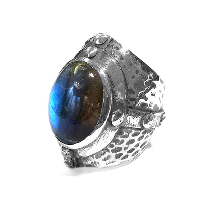 Elfcraft Statement Ring Labradorit Cabochon Hammered Ringschiene 925 Sterling Silber Massiv